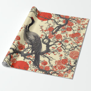 Papel De Presente Grua Oriental e Peônia - Arte Asiática Tradicional