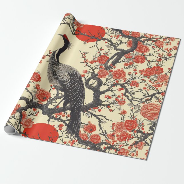 Papel De Presente Grua Oriental e Peônia - Arte Asiática Tradicional (Desenrolado)