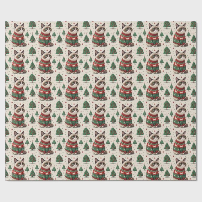 Papel De Presente Grumpy Christmas Cat in Ugly Sweater (Aberto)