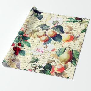 Papel De Presente Grunge Fruta de Vintagem Botânica com Script