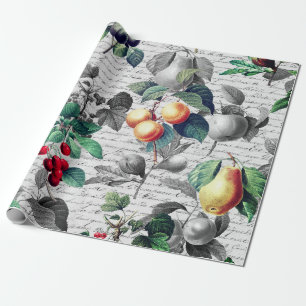 Papel De Presente Grunge Fruta de Vintagem Botânica com Script
