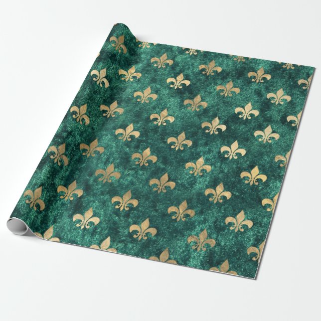 Papel De Presente Grunge Green Velvet Fleur De Lis Mardi Gras (Desenrolado)