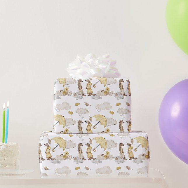 Papel De Presente Guarda-chuvas, nuvens de chuva, flores (Presentes para festas)