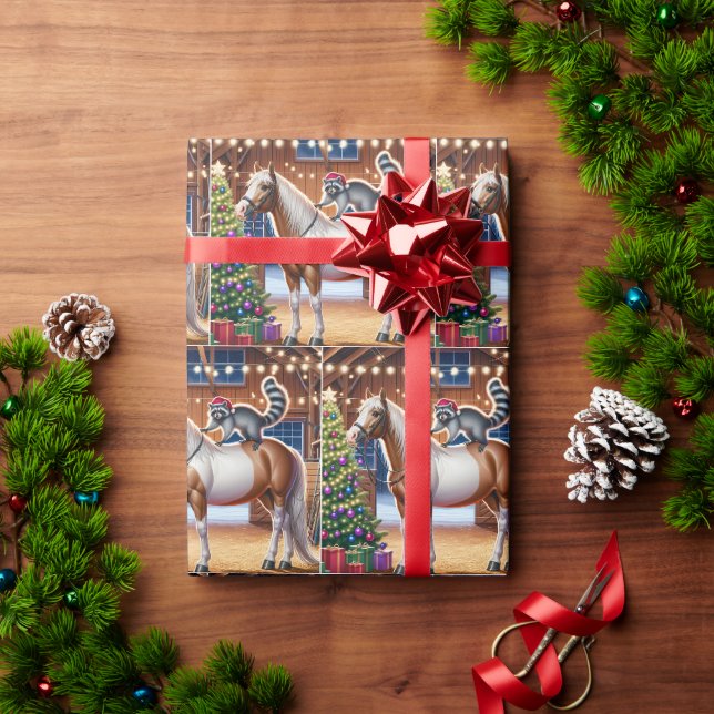 Papel De Presente Guaxinim de celeiro ocidental e cavalo perto da ár (Presente de Natal)