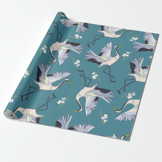 Papel De Presente guindaste, padrão, ilustração de flor de pássaros  (Desenrolado)