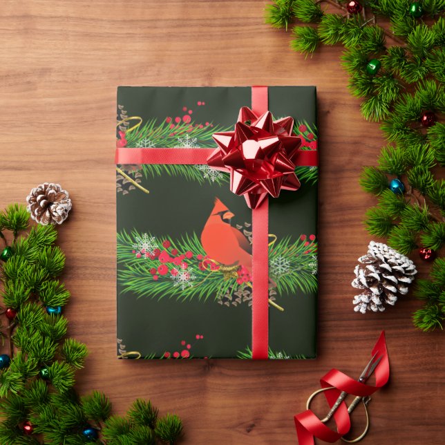 Papel De Presente Guirlanda de Natal com Pássaros Cardinais Brilhant (Presente de Natal)