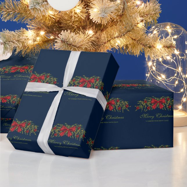 Papel De Presente Guirlanda de Natal Com Um Laço Vermelho e Enfeites (Feriados)