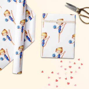 Papel De Presente Gymnast Rítmico Bonito em Blue Leotard com Ball