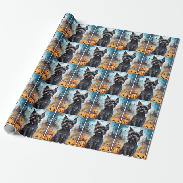 Papel De Presente Halloween Affenpinscher Com Pumpkins Assustado (Desenrolado)