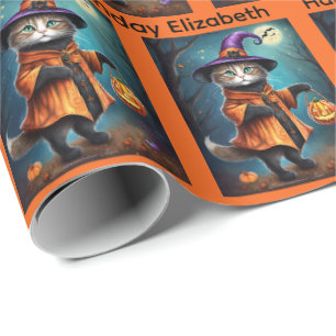 Papel De Presente Halloween Aniversário Personalizar Nome Bruxa Gato