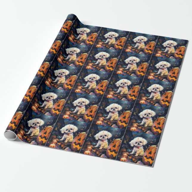 Papel De Presente Halloween Bichon Frise Com Pumpkins Assustado (Desenrolado)