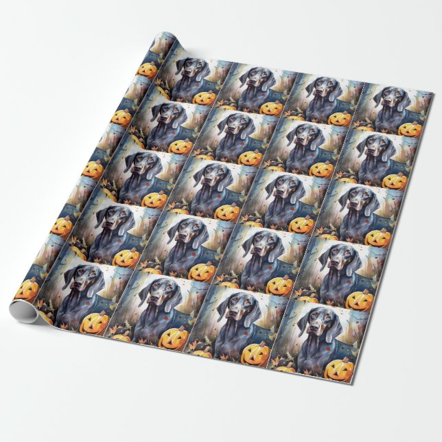 Papel De Presente Halloween Bluetick Coonhound Com Pumpkins Assustad (Desenrolado)