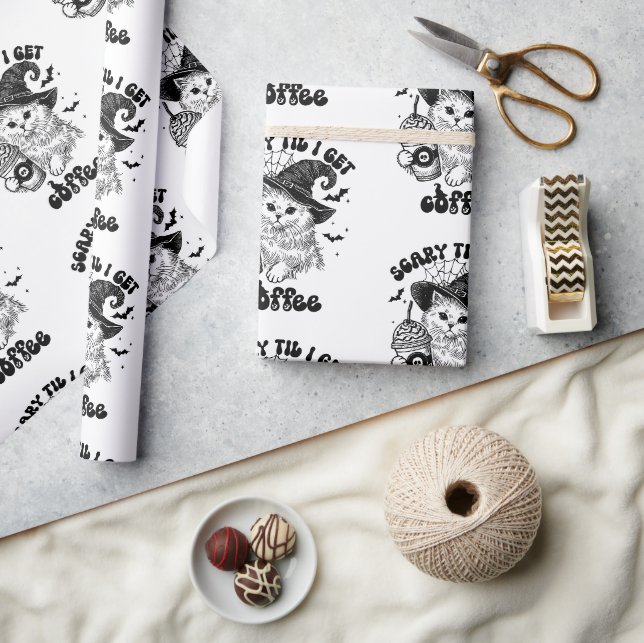 Papel De Presente Halloween Cat Scary Til Eu Tomo Café (Artesanato)