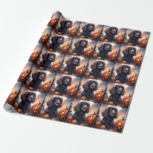 Papel De Presente Halloween Cocker Spaniel Com Pumpkins (Desenrolado)