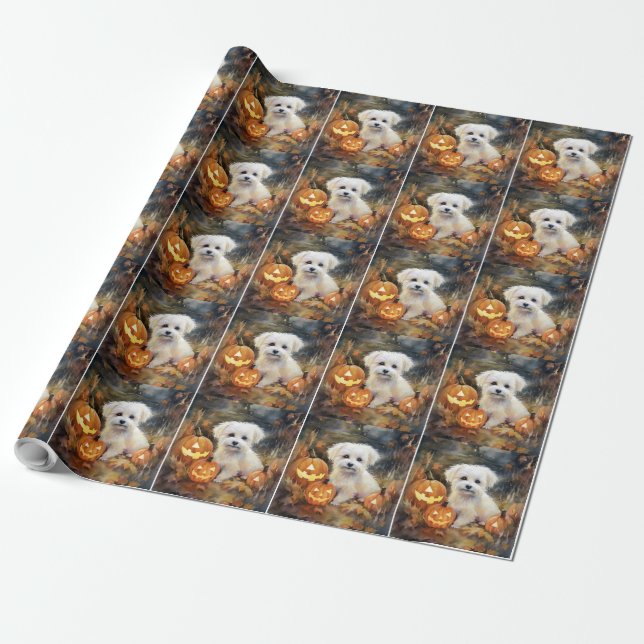 Papel De Presente Halloween Coton De Tulear Com Pumpkins Assustado (Desenrolado)
