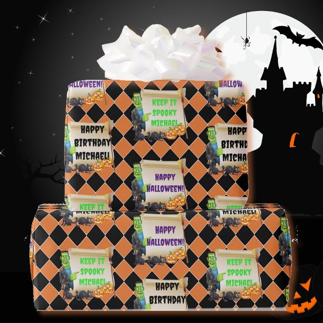 Papel De Presente Halloween Crianças Nome Frankenstein Aniversário P (Criador carregado)