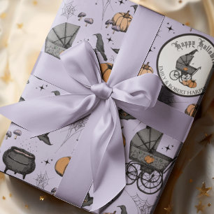 Papel De Presente Halloween de Carruagem de Bebê Roxo com Gótico Per