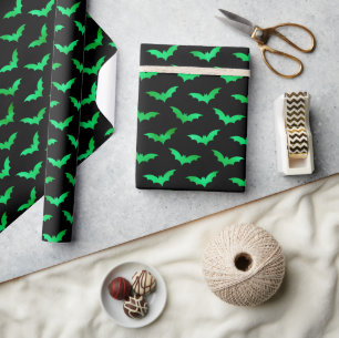 Papel De Presente Halloween de Folha Verde Seamless e Morcegos Preto