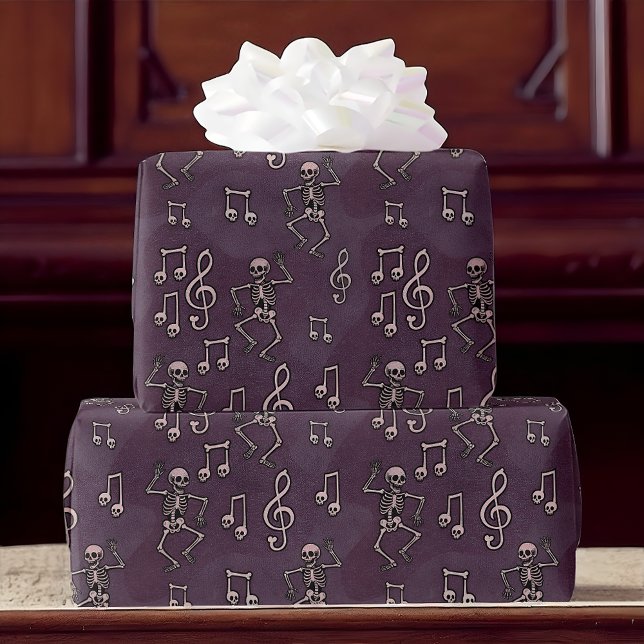 Papel De Presente Halloween de músicas de esqueleto dançante (Gift wrap with dancing skeletons and music notes, perfect for Halloween, gothic, or music lovers.)