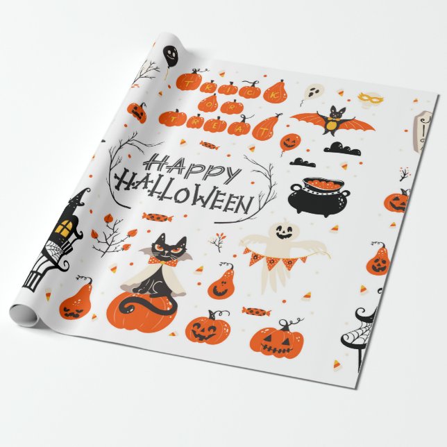 Papel De Presente Halloween design elements. Halloween cliparts with (Desenrolado)