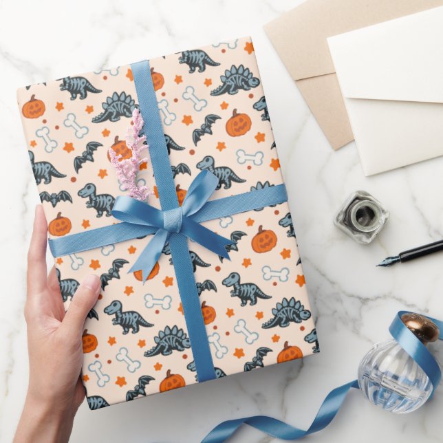 Papel De Presente Halloween Dinossaur Skeletons Pumpkin & Bats (Presentear)