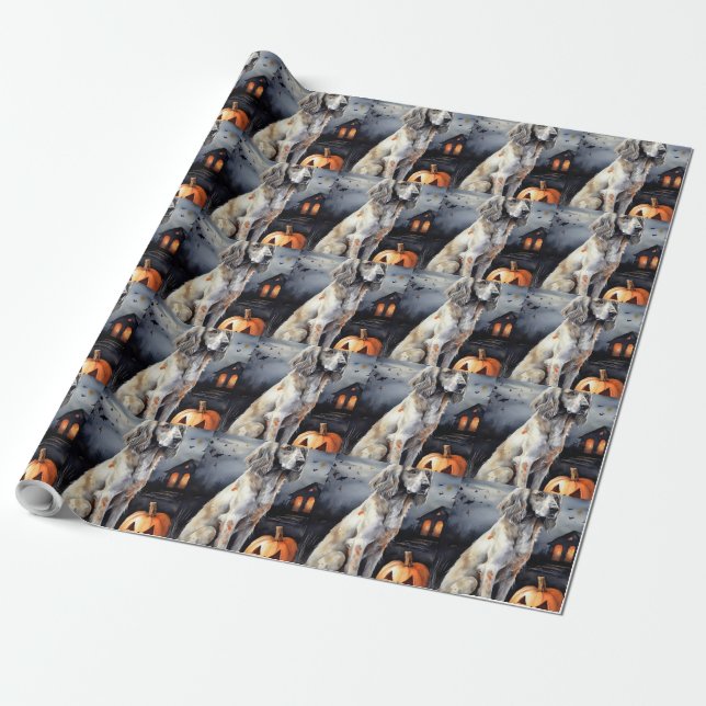 Papel De Presente Halloween English Setter Com Abóboras Assustador (Desenrolado)
