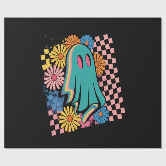 Papel De Presente Halloween Fantasma Floral Neon na Moda (Aberto)