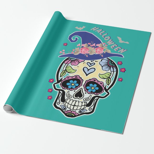 Papel De Presente Halloween Flower Skull (Desenrolado)