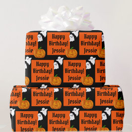 Papel De Presente Halloween Happy Birthday Personalize o nome Pumpki