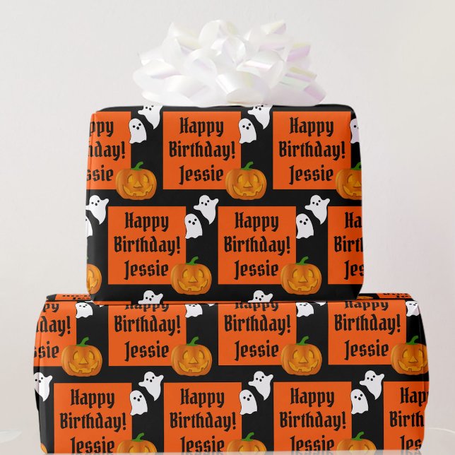 Papel De Presente Halloween Happy Birthday Personalize o nome Pumpki (Criador carregado)
