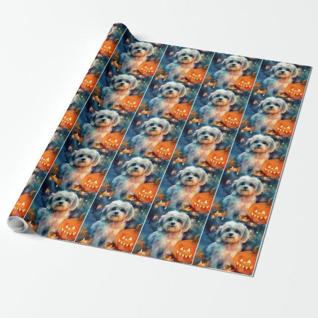Papel De Presente Halloween Havanês Com Abóboras Assustadoras (Desenrolado)