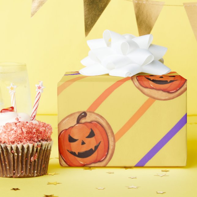 Papel De Presente Halloween Jack-O-Lantern Pumpkin Cookie em amarelo (Festa de aniversário)