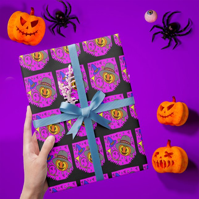 Papel De Presente Halloween Jack O'Lantern Bugle Púrpura (Halloween Jack O'Lantern Bugle Purple Pattern Wrapping Paper)