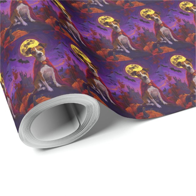 Papel De Presente Halloween Jack Russell Vampiro Pumpkins assustado (Ponta do rolo)