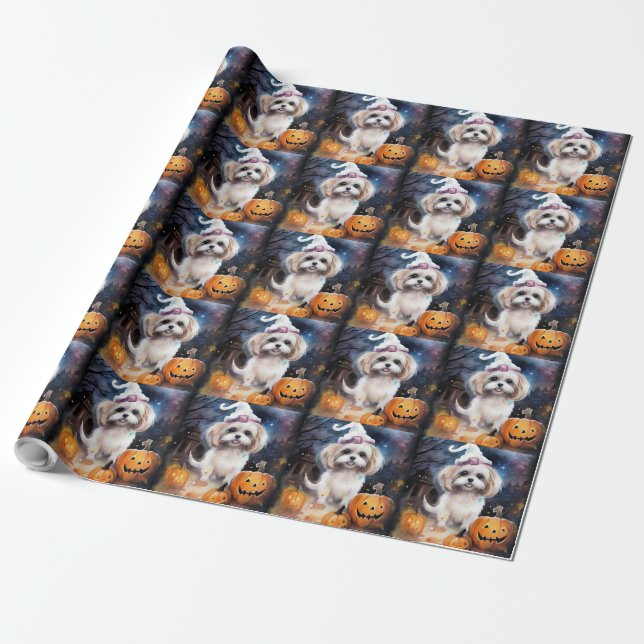 Papel De Presente Halloween Malti Tzu Com Pumpkins Assustado (Desenrolado)