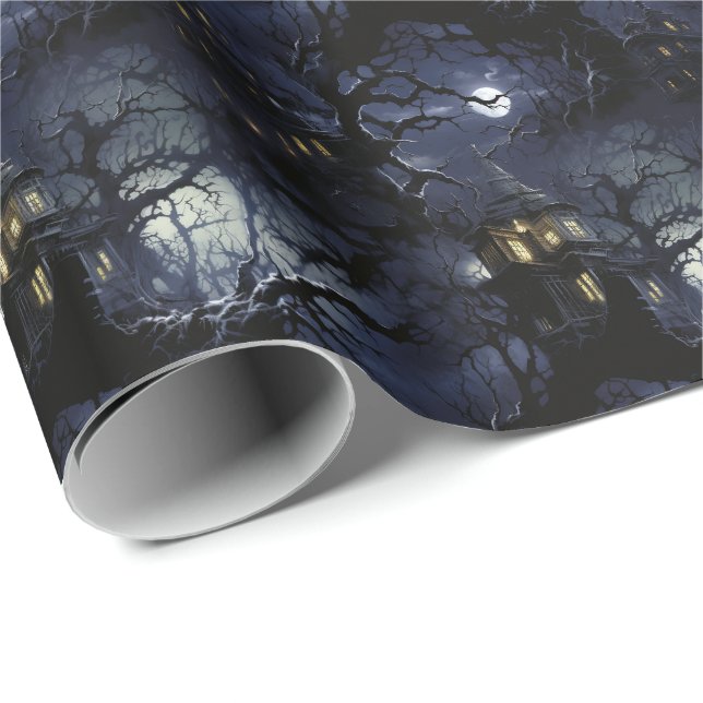 Papel De Presente 💀 Halloween 🏚️ "Moonlit Manor of Shadows" 🏚️ (Ponta do rolo)