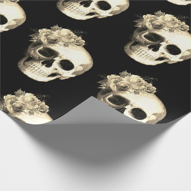 Papel De Presente Halloween - Padrão de Rosa de Caveira Floral Gótic (Ponta)