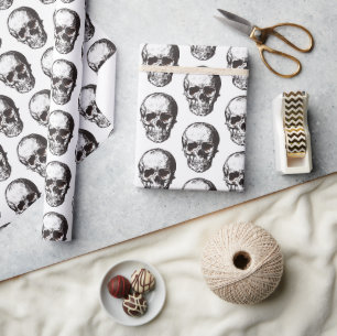 Papel De Presente Halloween, Padrão do Crânio Negro e Branco