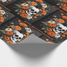 Papel De Presente Halloween Personalizar o Nome Caveira Gótica e Flo