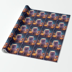 Papel De Presente Halloween Pomeranian Com Pumpkins Assustado