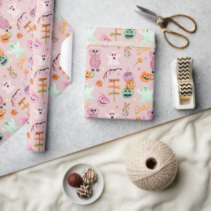 Papel De Presente Halloween Pumpkins, Fantasma, Monstros Rosa