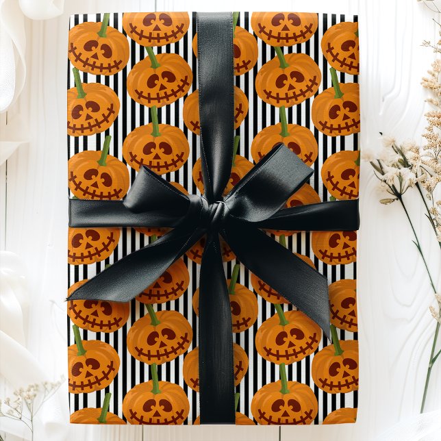Papel De Presente Halloween Pumpkins Stripes Jack O'Lanterns Pattern (Criador carregado)