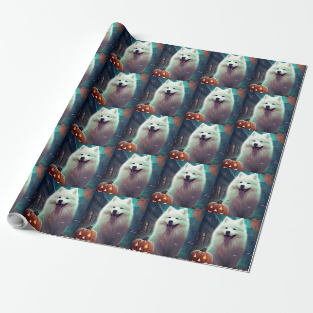 Papel De Presente Halloween Samoyed Com Pumpkins Assustado (Desenrolado)