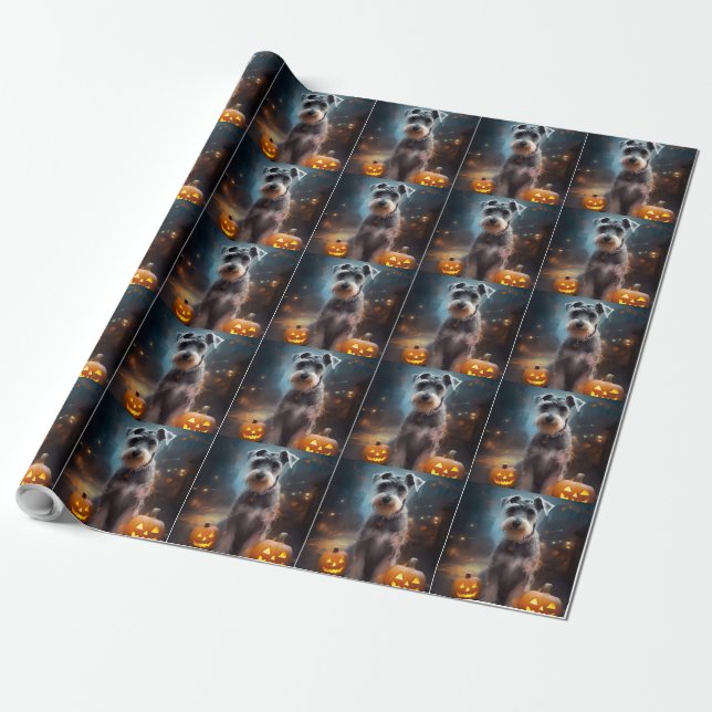 Papel De Presente Halloween Schnauzer Com Pumpkins Assustado (Desenrolado)