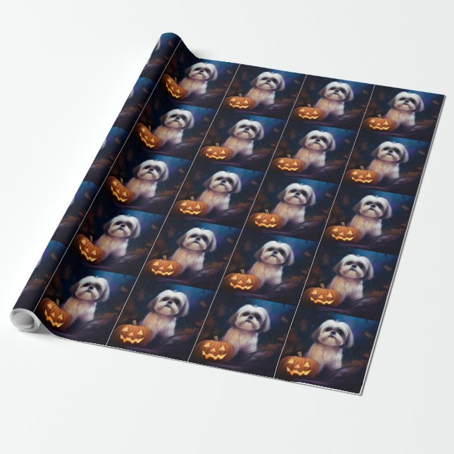 Papel De Presente Halloween Shih Tzu Com Pumpkins Assustado (Desenrolado)