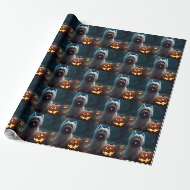 Papel De Presente Halloween Skye Terrier Com Pumpkins Assustado (Desenrolado)