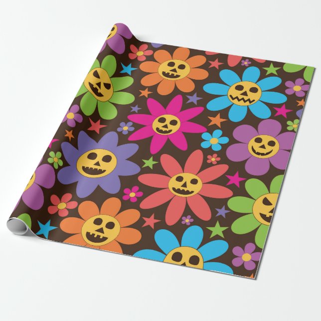 Papel De Presente Halloween Spooky Groovy Flowers (Desenrolado)