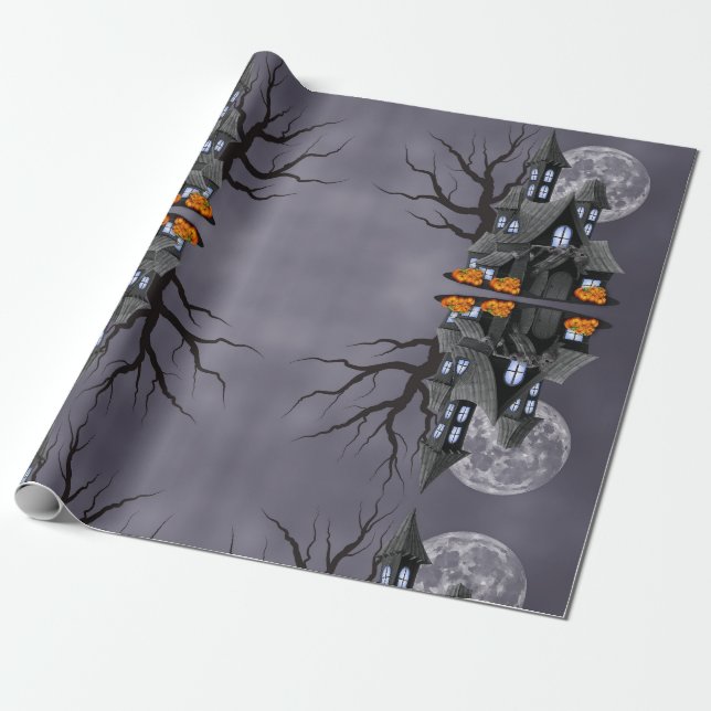 Papel De Presente Halloween Spooky Haunted House & Pumpkin (Desenrolado)