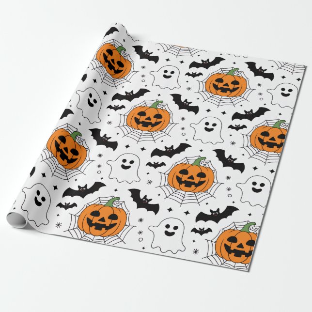 Papel De Presente Halloween Spooky Pumpkin Bats Ghost Patterno (Desenrolado)