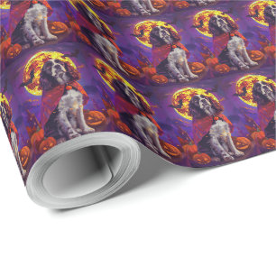 Papel De Presente Halloween Springer Spaniel Vampiro Abóboras Assust